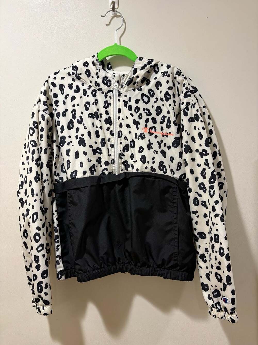 Champion White Black Leopard Print Half-Zip Windbreaker Jacket Size M
